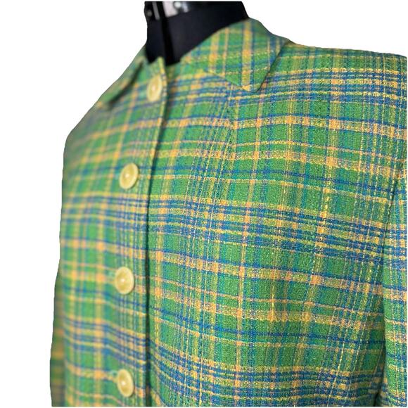 VTG Pietrafesa Jacket Coat Womens 12 Green Plaid Tartan Pockets Satin Lined LS - Picture 2 of 10